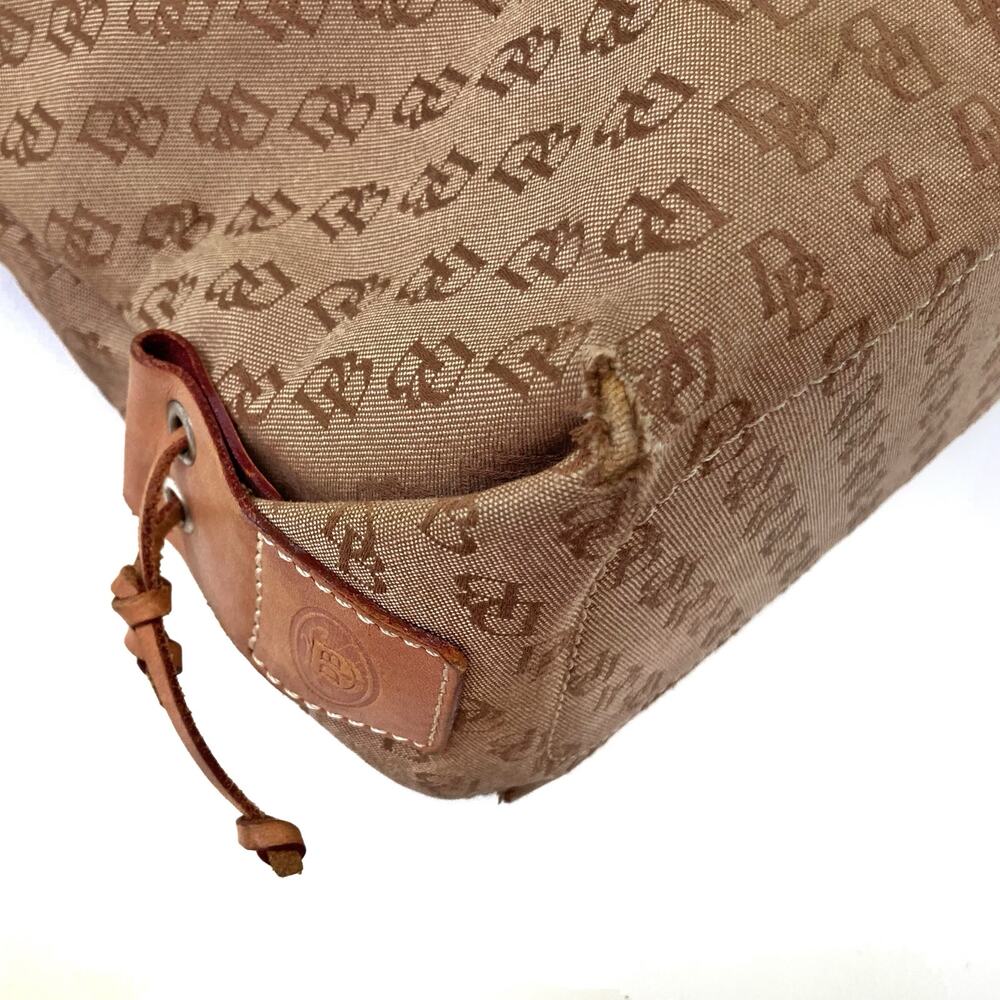 Y2K Dooney Monogram Canvas Tote | Preppy Neutral Shoulder Bag with Leather Trim - Picture 15 of 16